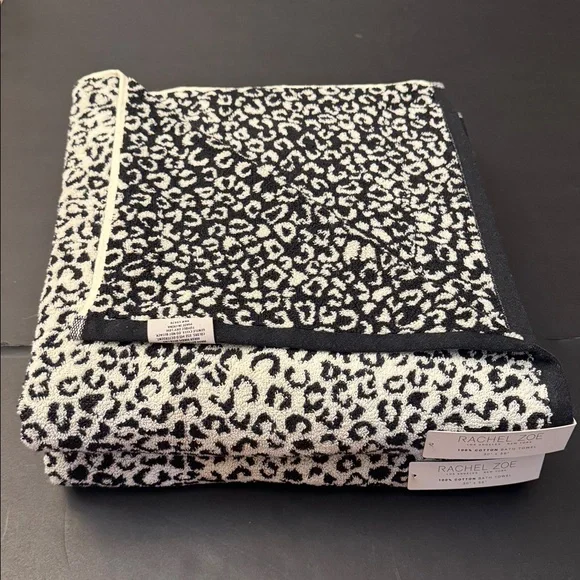 2pc RACHEL ZOE 100% Cotton Leopard Print Bath Towel Set - COCONUT MI - Blk/Wht - Picture 2 of 8
